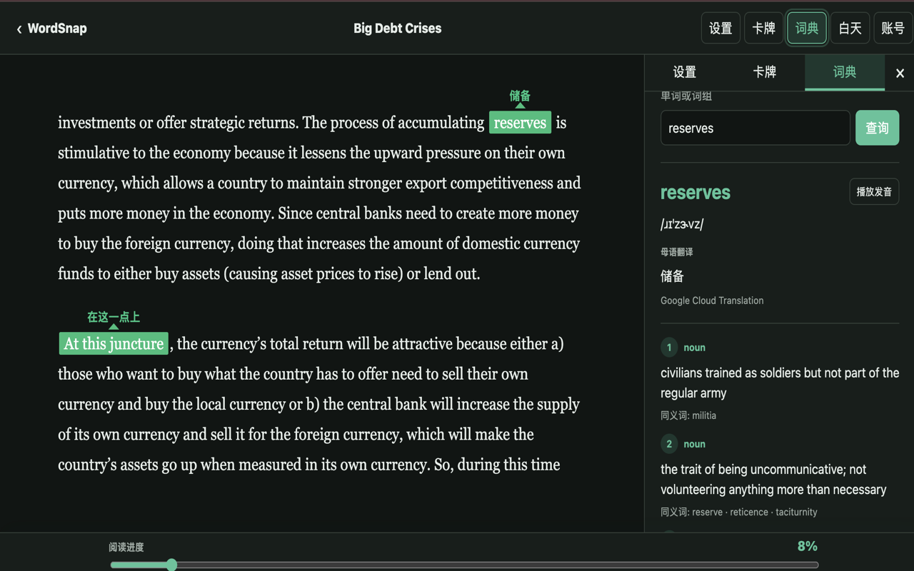 Dark mode ebook reader with dictionary panel
